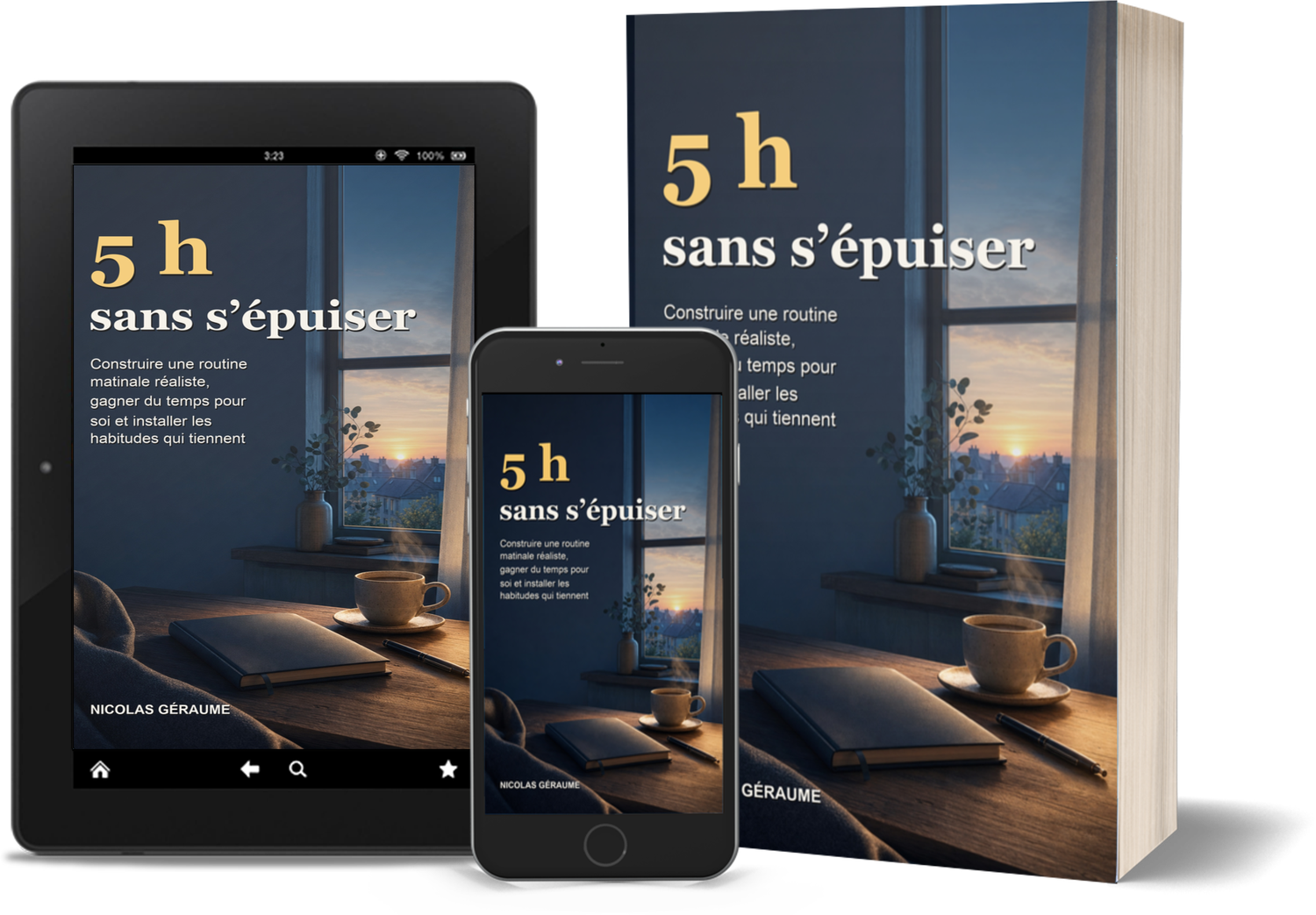 Mockup Kindle, mobile et broché du livre 5 h sans s'épuiser